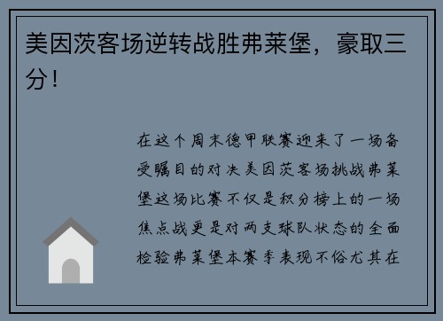 美因茨客场逆转战胜弗莱堡，豪取三分！